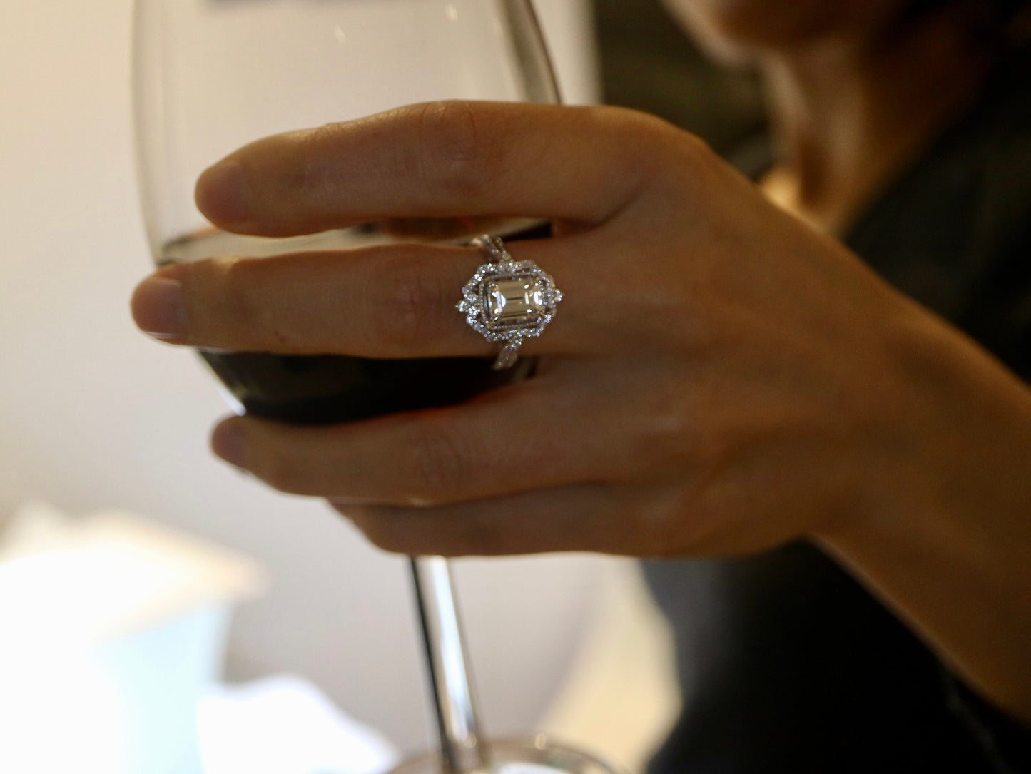 2ct Emerald cut moissanite engagement ring in 14 solid white gold-Art Deco cocktail ring, Diamond halo ring, Anniversary gifts