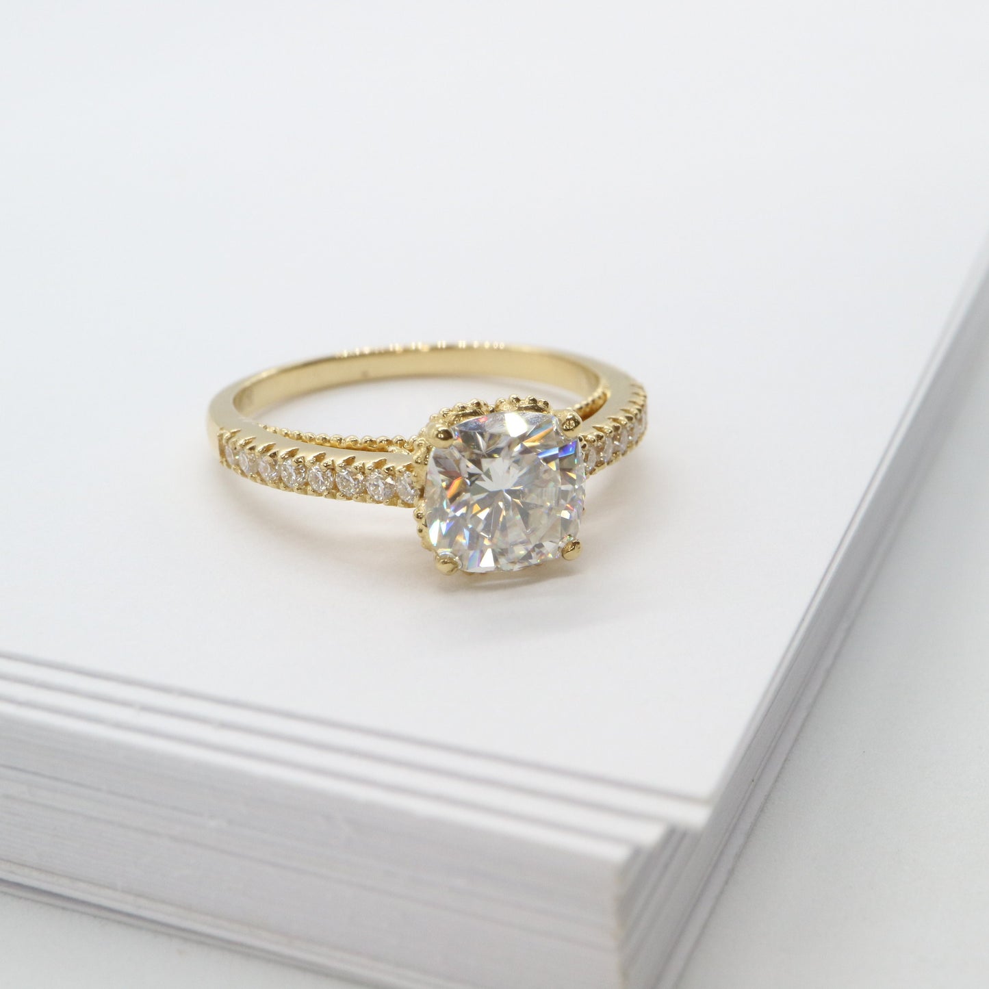 14k yellow gold moissanite and diamond ring set, Art Deco diamond ring setting, Gift for her