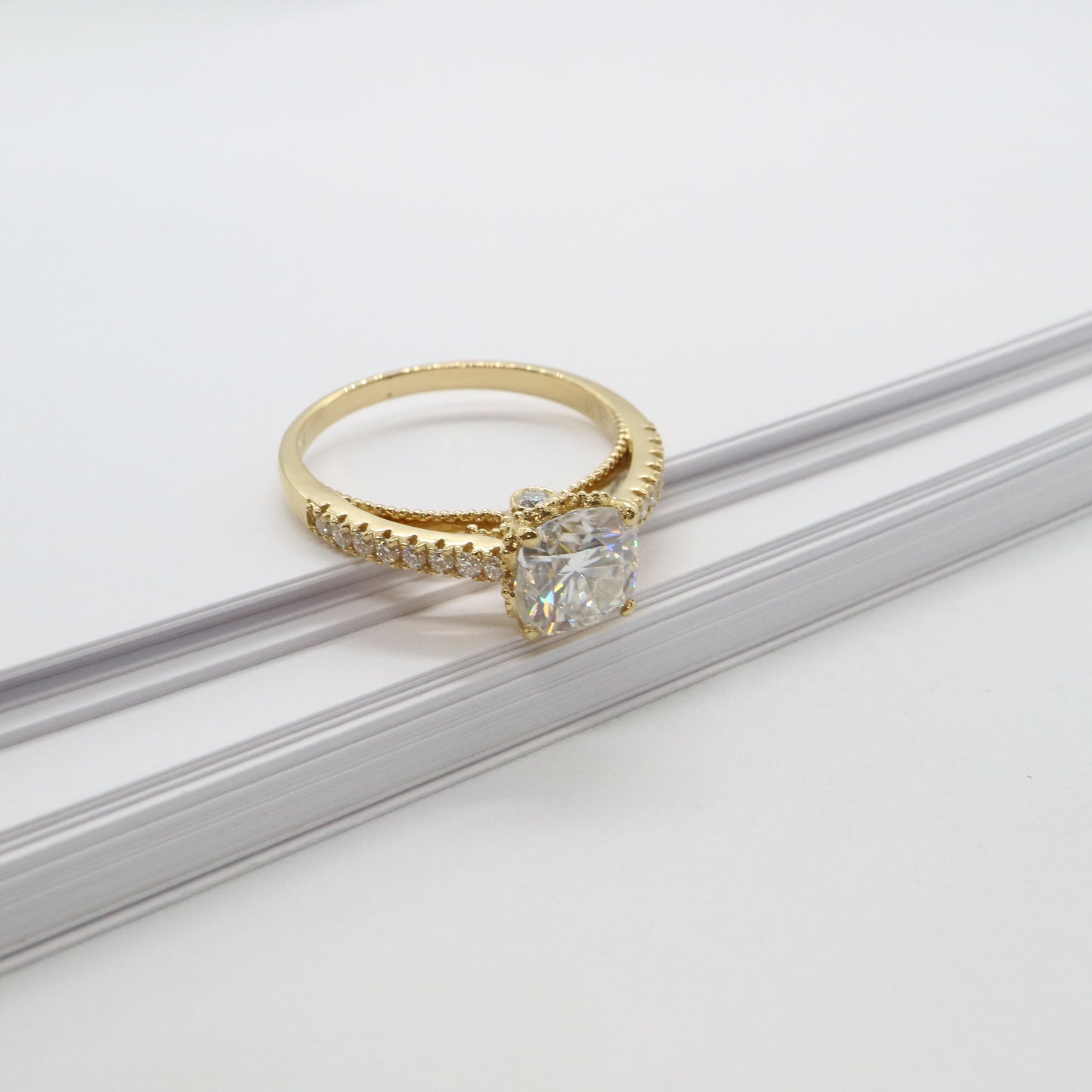 14k yellow gold moissanite and diamond ring set, Art Deco diamond ring setting, Gift for her