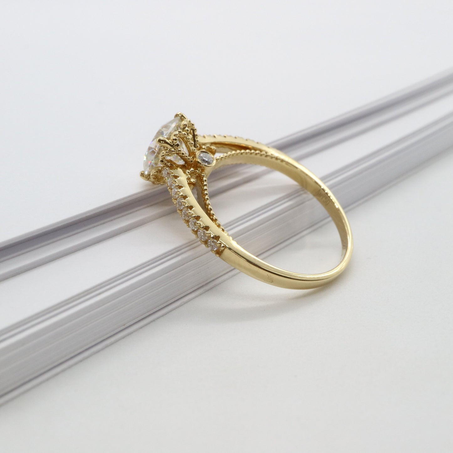 14k yellow gold moissanite and diamond ring set, Art Deco diamond ring setting, Gift for her
