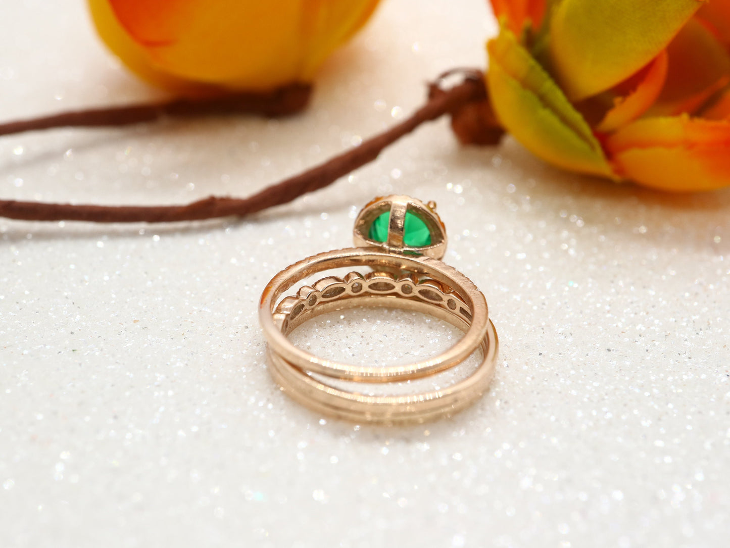 Round emerald halo ring set, Vintage emerald bridal ring set 3 pic, Anniversary promise ring gift