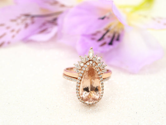 Cluster Engagement Ring Set, Rose gold2.7ct ring, Pear Shaped Morganite Engagement Ring, Unique Bridal Set, Stacking Ring, Antique Ring 2pcs