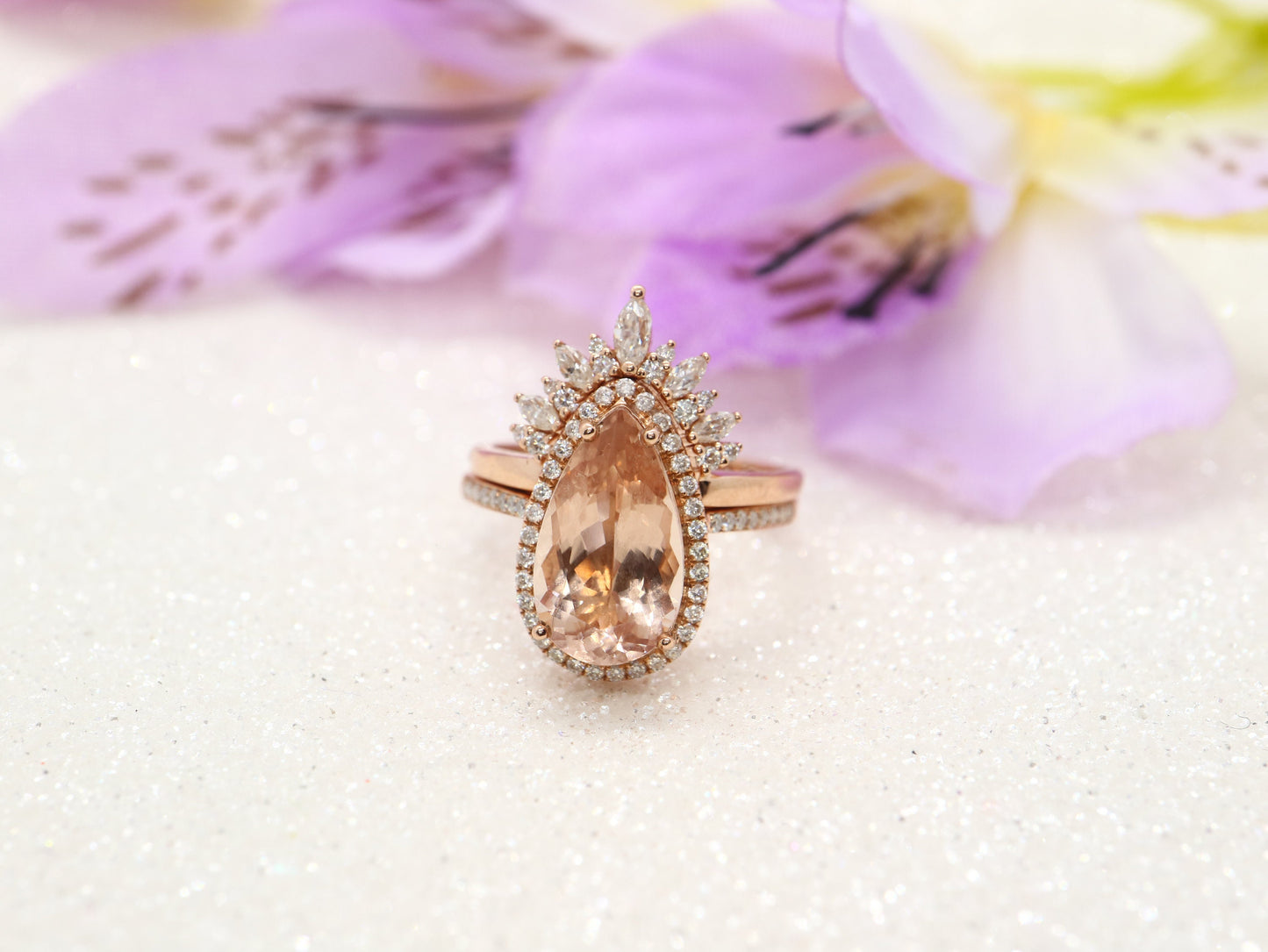Cluster Engagement Ring Set, Rose gold2.7ct ring, Pear Shaped Morganite Engagement Ring, Unique Bridal Set, Stacking Ring, Antique Ring 2pcs