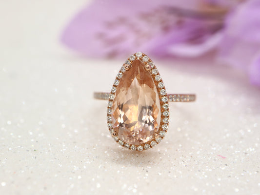 Pear shaped morganite  and moissanite diamond ring, rose gold engagement ring