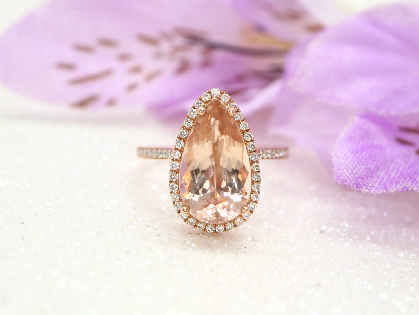 Pear shaped morganite and moissanite diamond ring, rose gold engagement ring