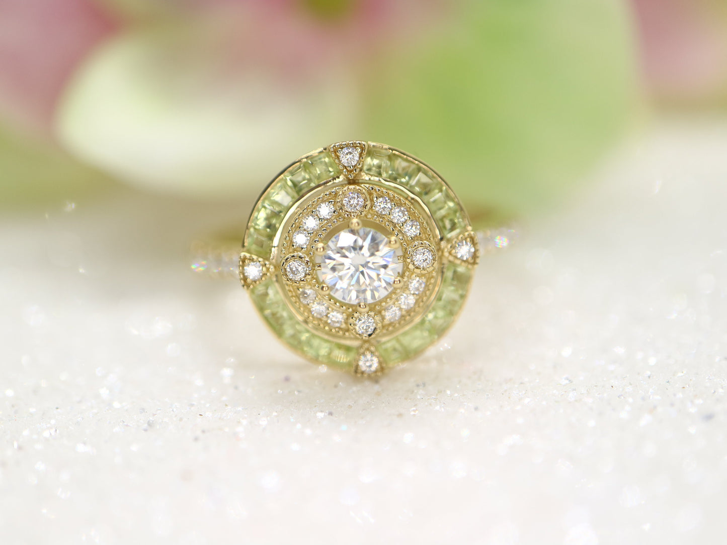 Art Deco moissanite and peridot halo ring, Annivery ring, vintage gold ring
