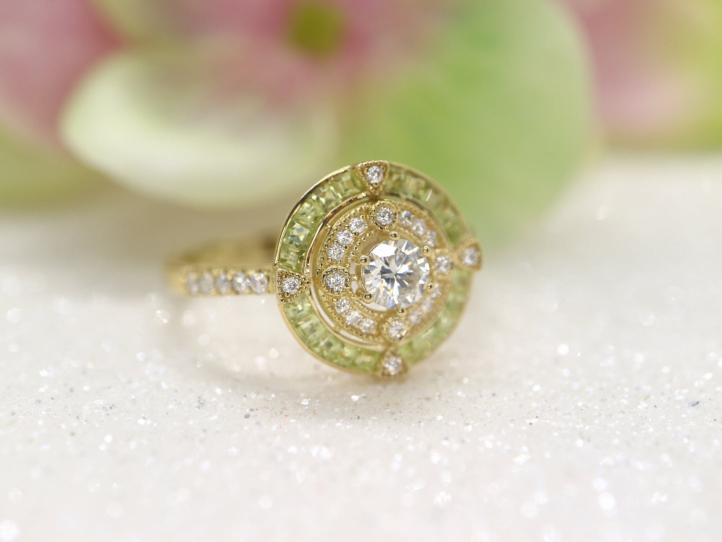 Art Deco moissanite and peridot halo ring, Annivery ring, vintage gold ring