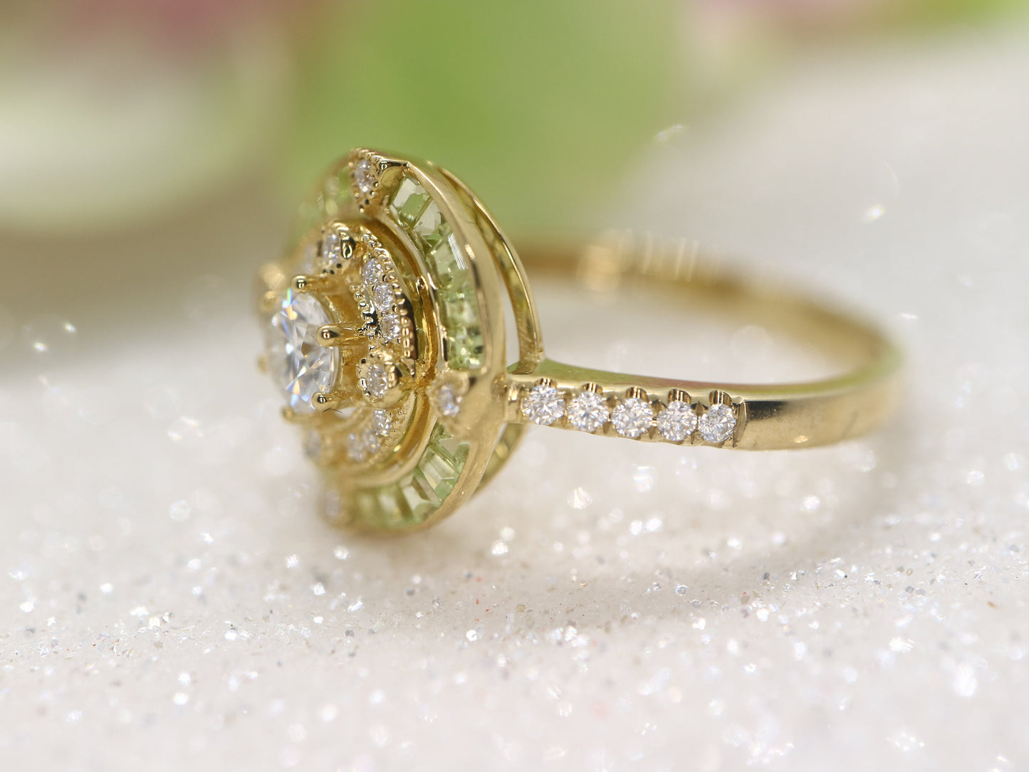 Art Deco moissanite and peridot halo ring, Annivery ring, vintage gold ring