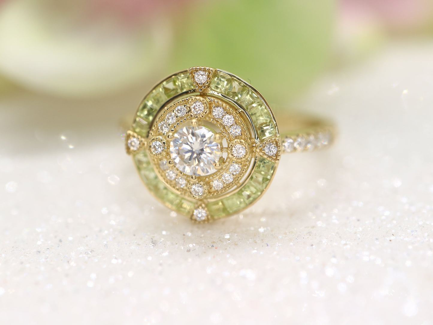 Art Deco moissanite and peridot halo ring, Annivery ring, vintage gold ring