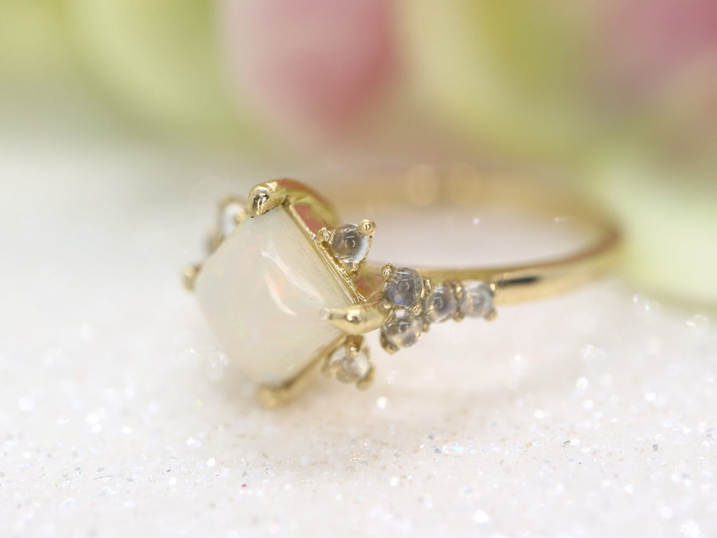 Opal in moonstone setting, 14k gold opal with moonstone cluster ring