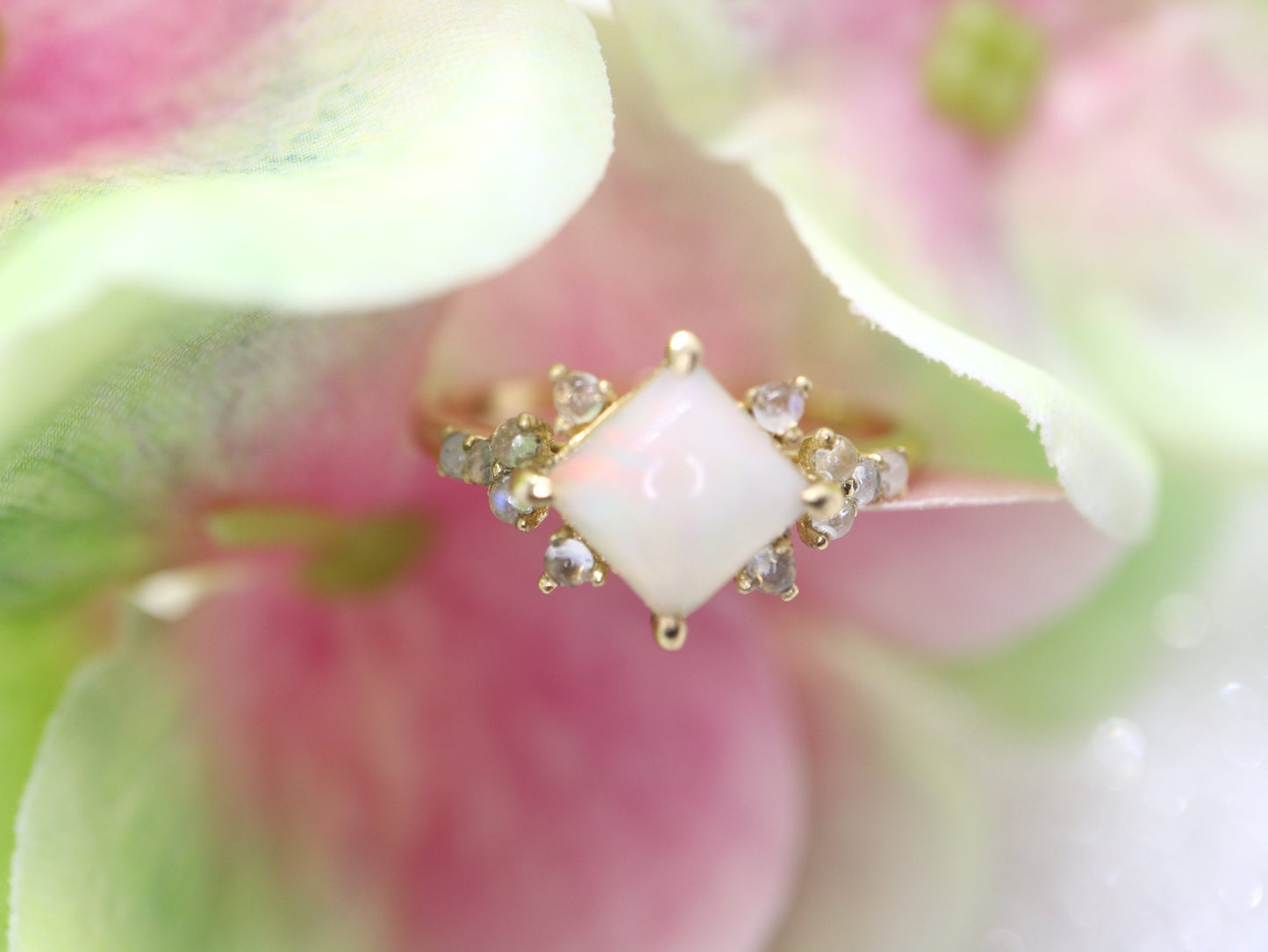 Opal in moonstone setting, 14k gold opal with moonstone cluster ring