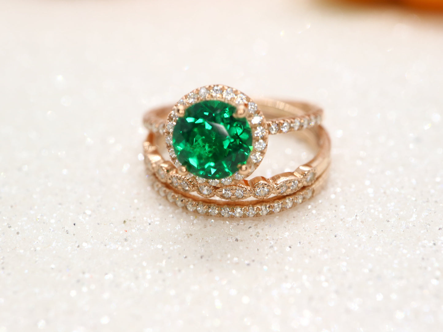 Round emerald halo ring set, Vintage emerald bridal ring set 3 pic, Anniversary promise ring gift