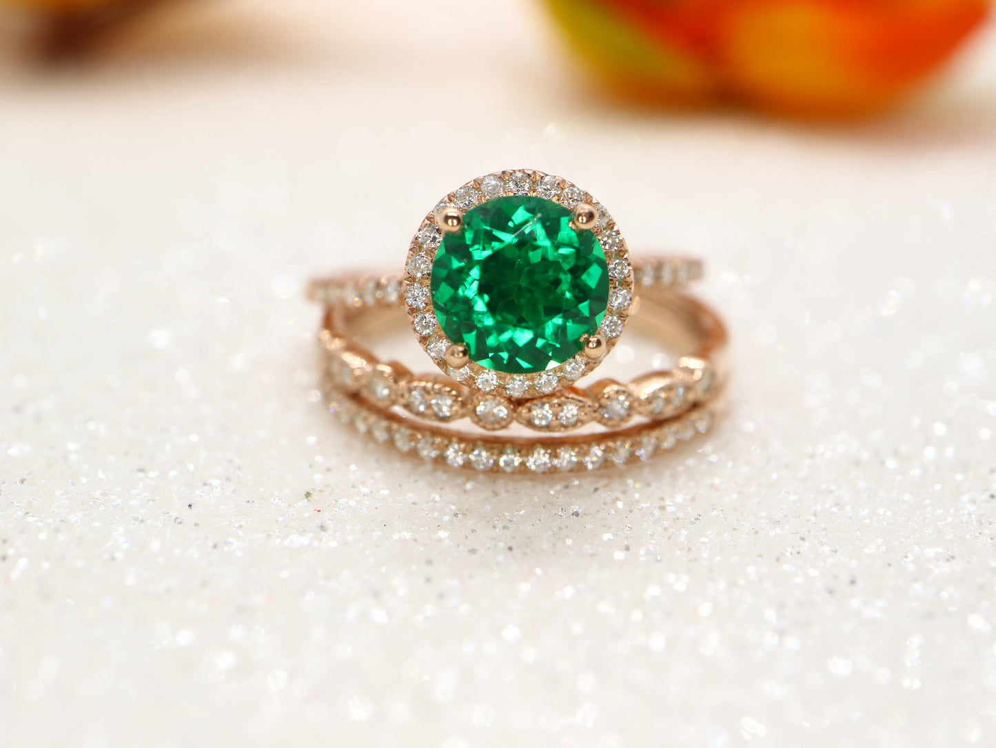 Round emerald halo ring set, Vintage emerald bridal ring set 3 pic, Anniversary promise ring gift