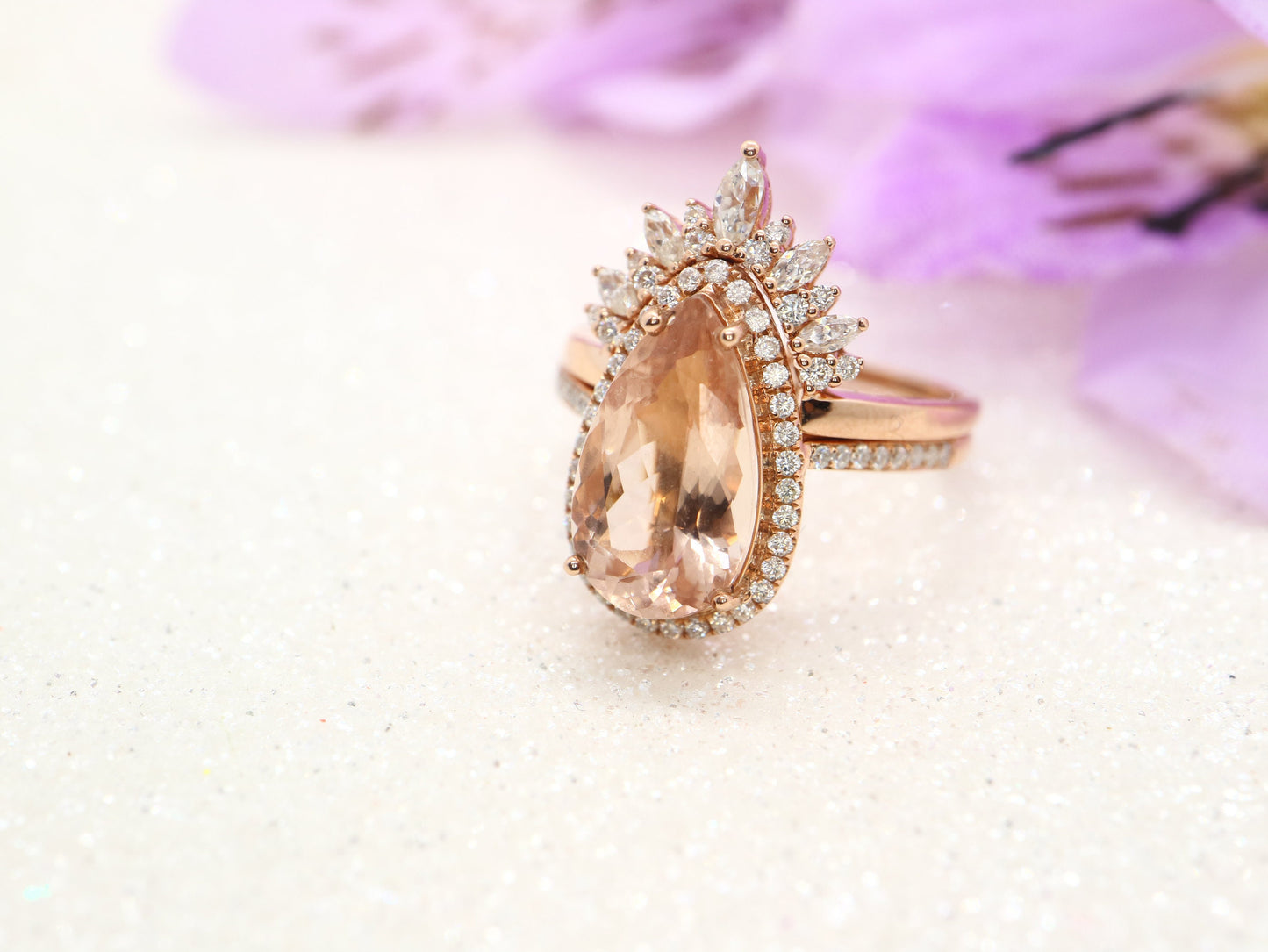 Cluster Engagement Ring Set, Rose gold2.7ct ring, Pear Shaped Morganite Engagement Ring, Unique Bridal Set, Stacking Ring, Antique Ring 2pcs