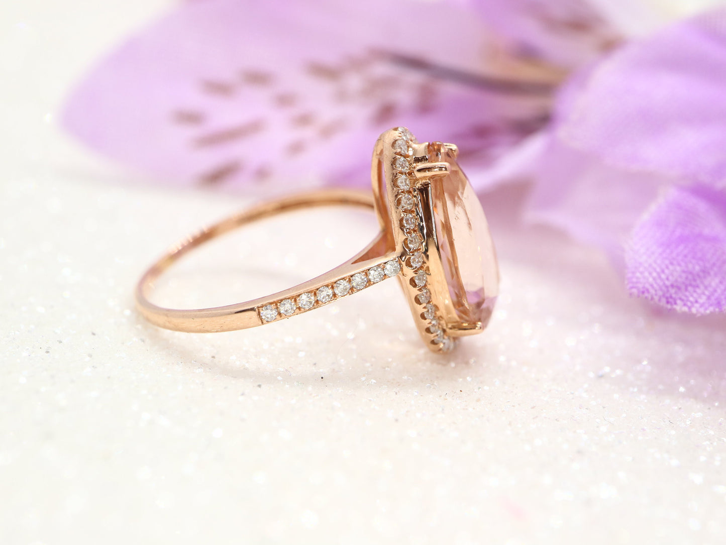Pear shaped morganite and moissanite diamond ring, rose gold engagement ring