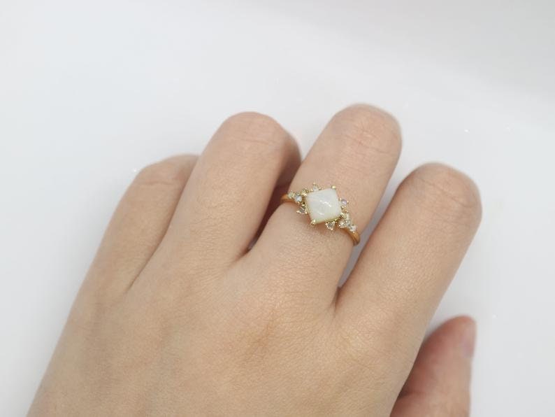 Opal in moonstone setting, 14k gold opal with moonstone cluster ring