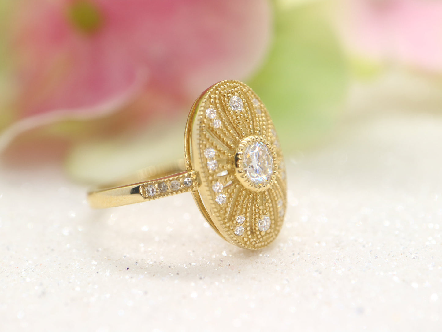 14k yellow gold vintage antique ring, Art deco engagement ring, Anniversary ring, Diamonds accents