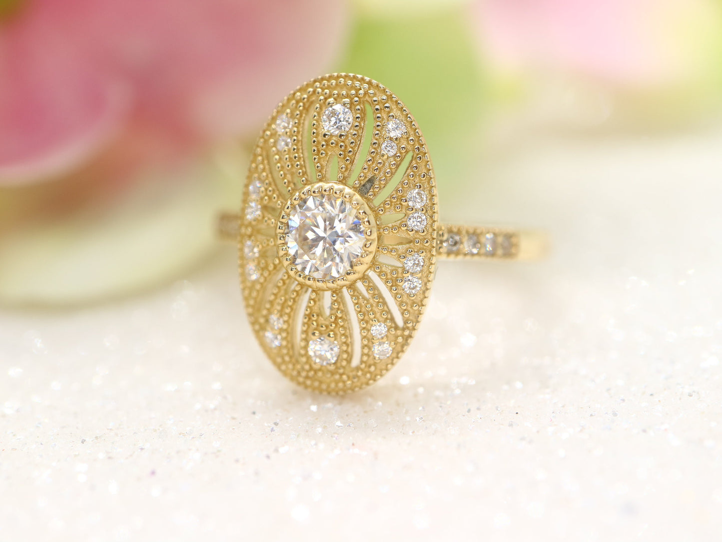 14k yellow gold vintage antique ring, Art deco engagement ring, Anniversary ring, Diamonds accents
