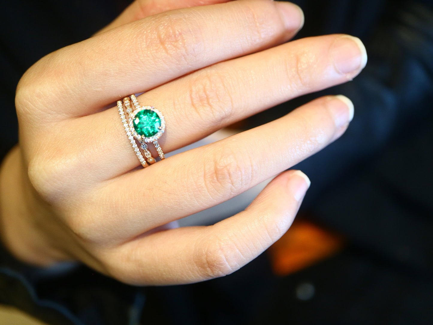 Round emerald halo ring set, Vintage emerald bridal ring set 3 pic, Anniversary promise ring gift