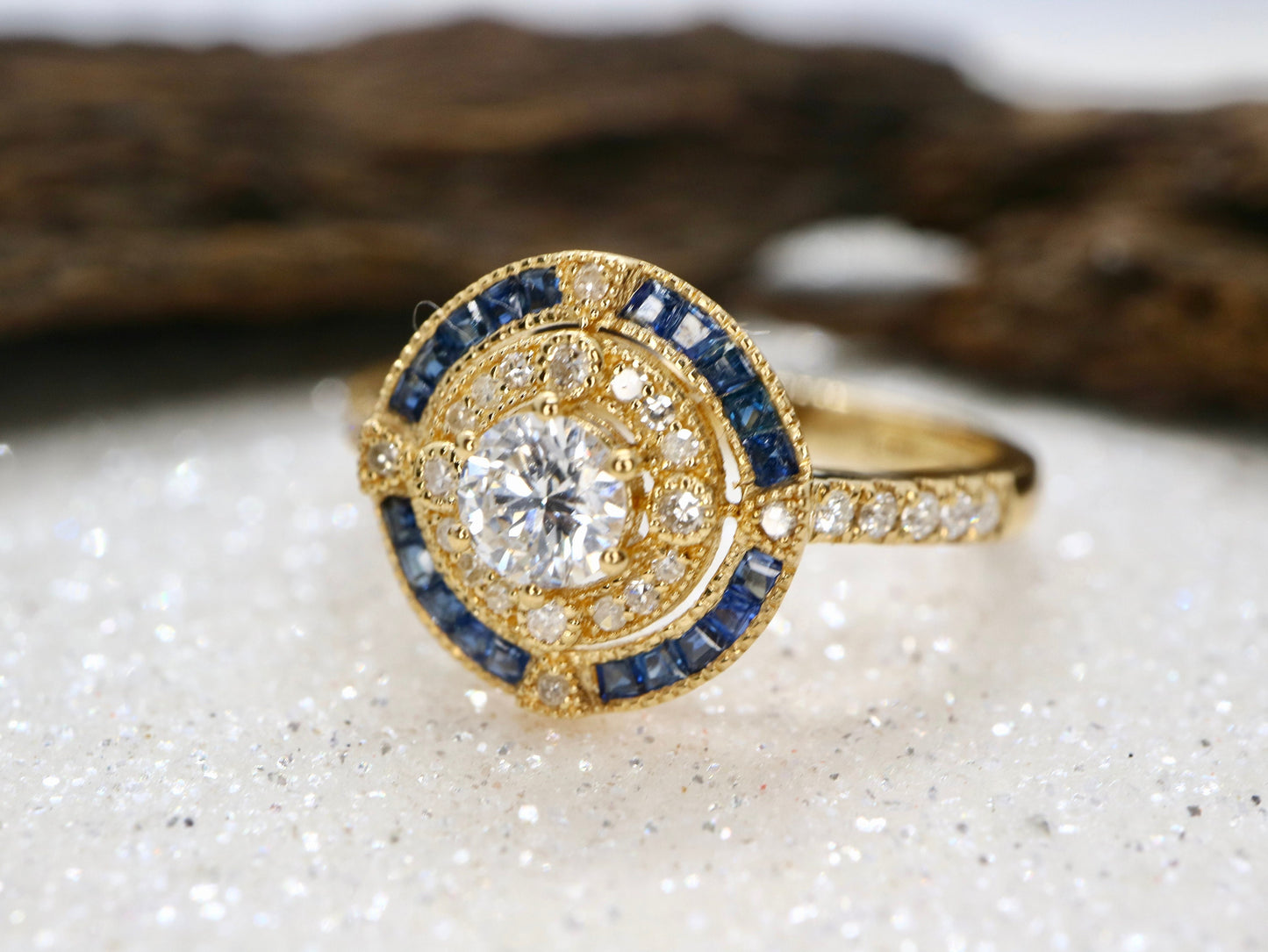 Antique art deco inspired white gold ring with diamond and blue sapphire  halo