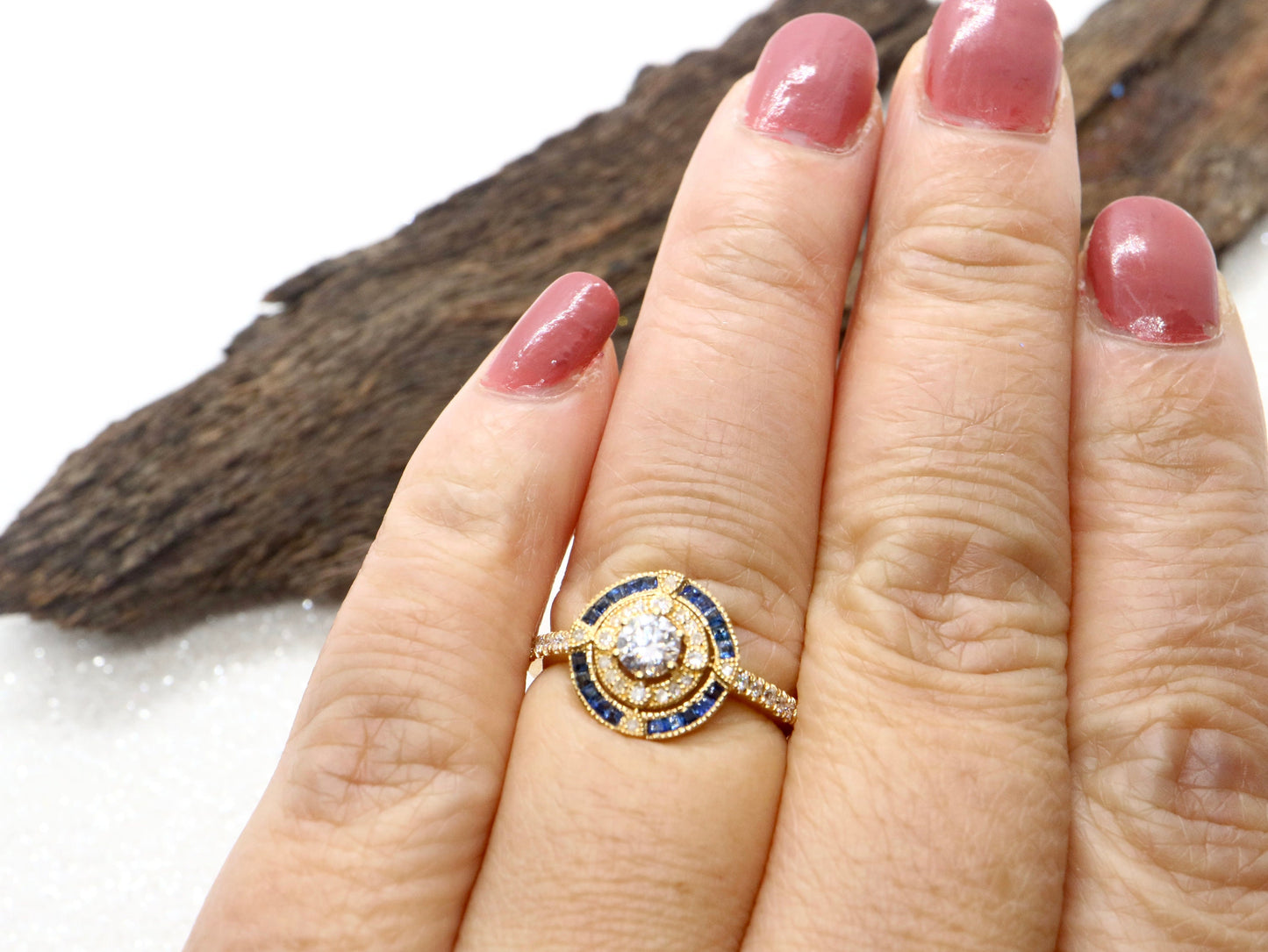 Antique art deco inspired white gold ring with diamond and blue sapphire  halo