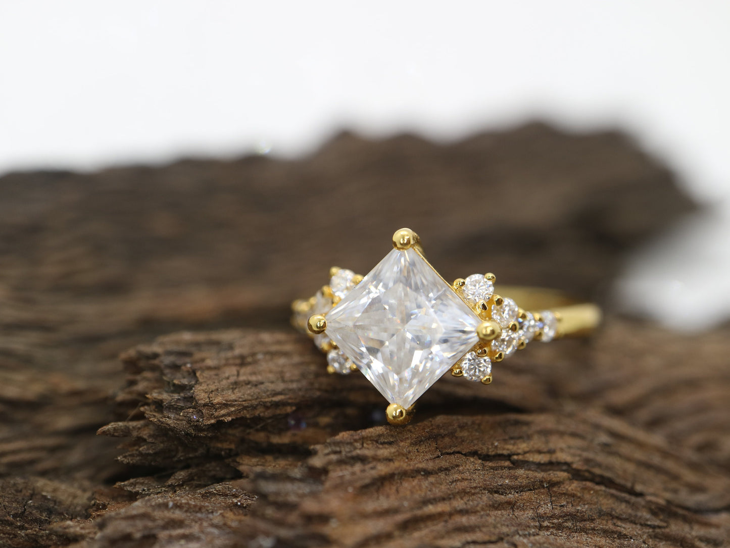 Princess cut moissanite and diamond cluster ring, Cluster diamond ring, Anniversary ring