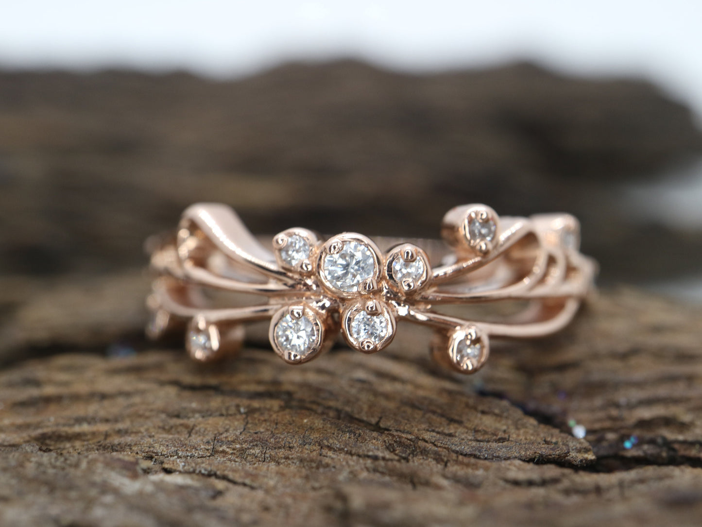 14k Rose gold diamond butterfly wedding engagement ring- Anniversary gift, wedding band
