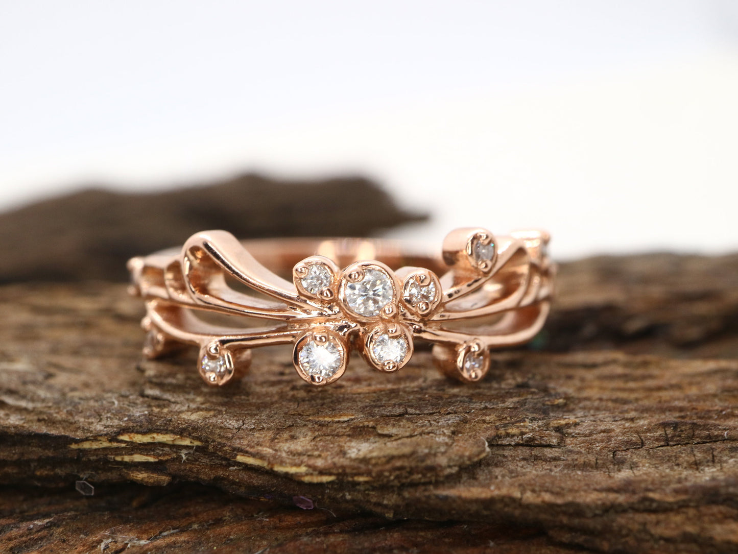 14k Rose gold diamond butterfly wedding engagement ring- Anniversary gift, wedding band