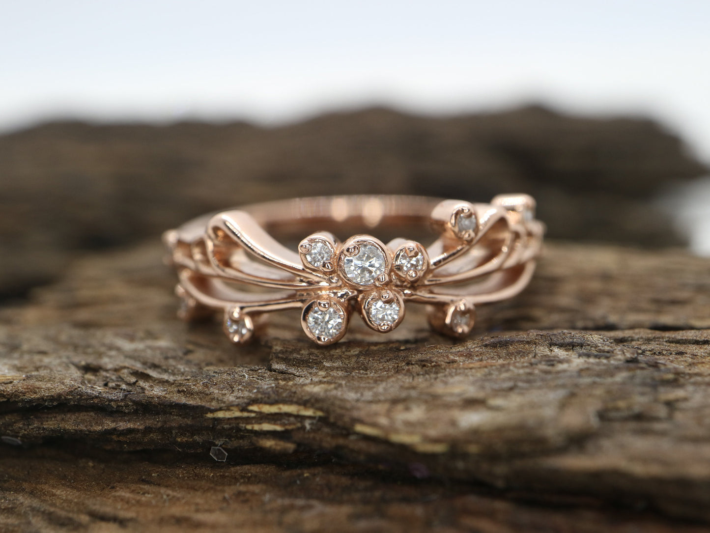 14k Rose gold diamond butterfly wedding engagement ring- Anniversary gift, wedding band