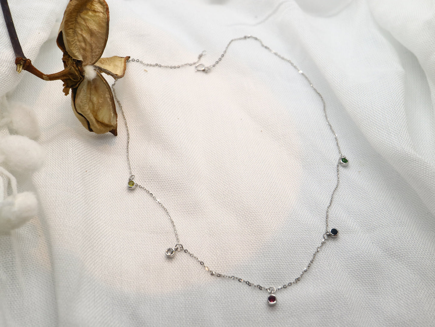 Sterling silver diamond station necklace, 18k white gold  five charms choker necklace for women