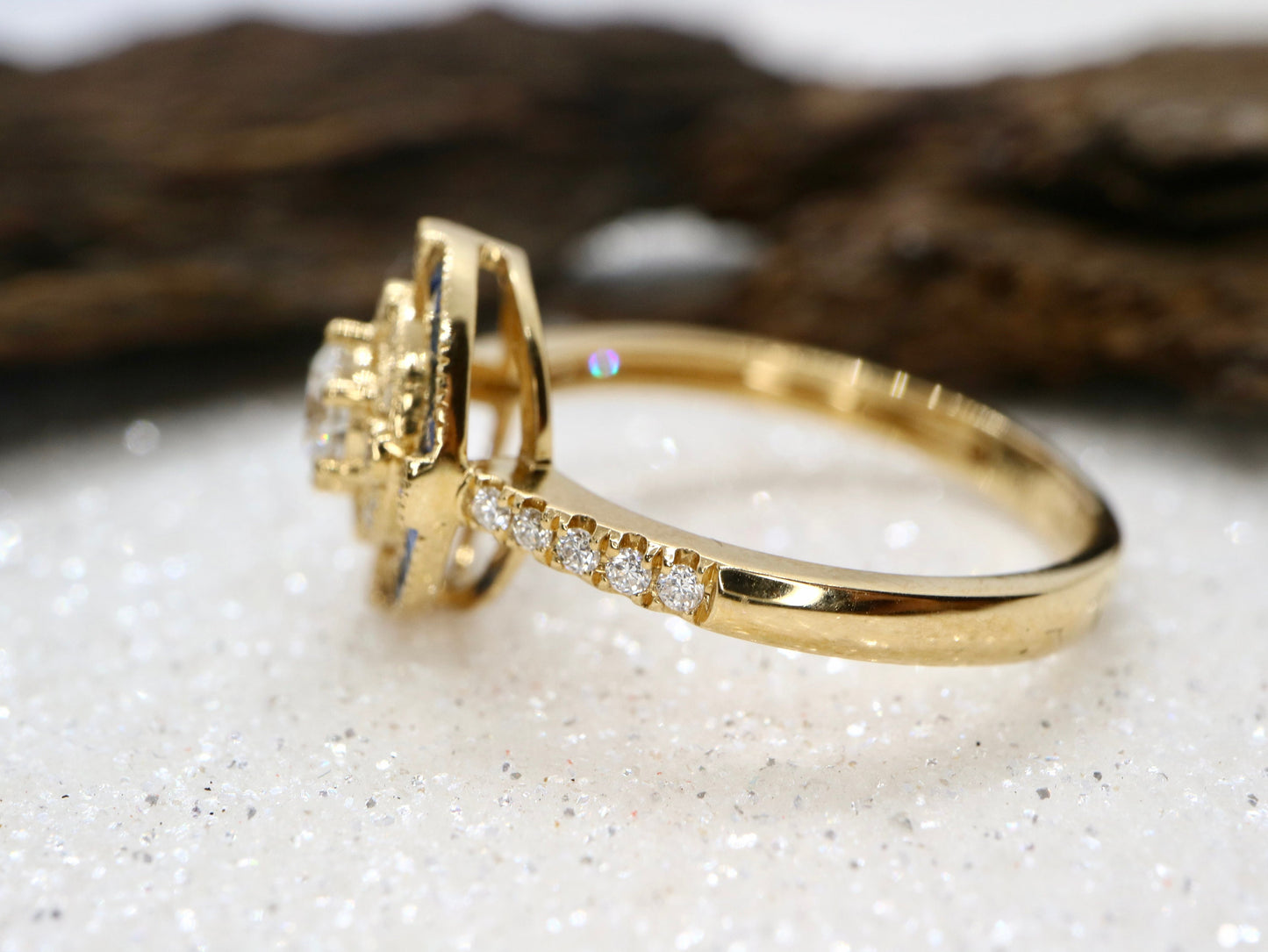 Antique art deco inspired white gold ring with diamond and blue sapphire  halo