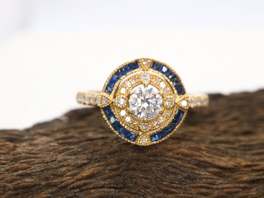 Antique art deco inspired white gold ring with diamond and blue sapphire  halo
