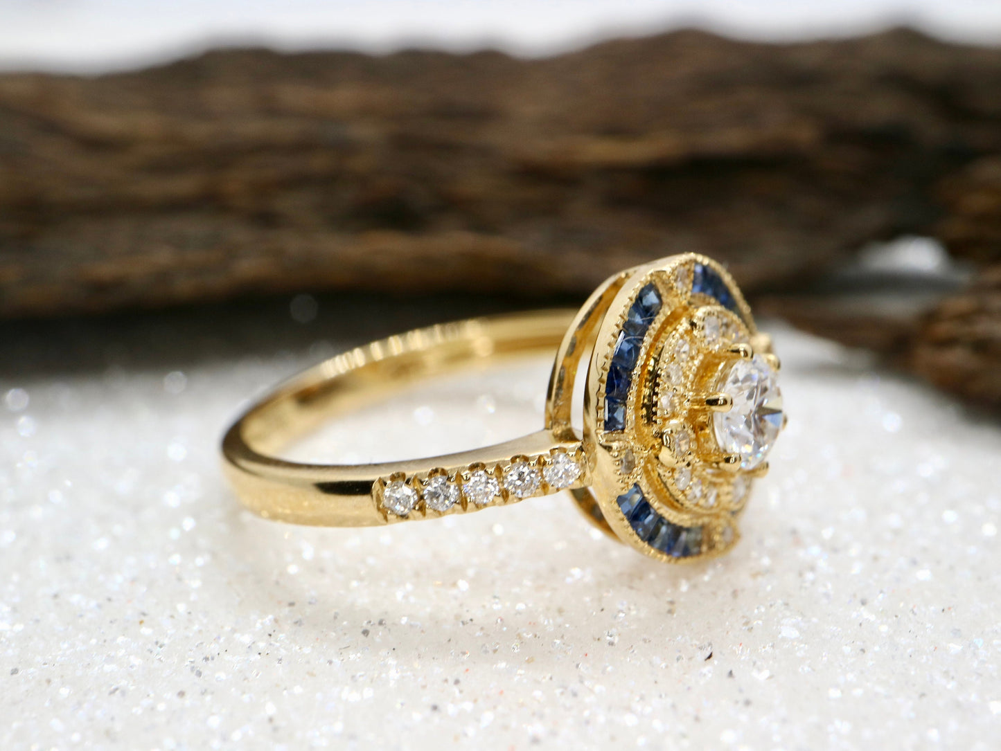 Antique art deco inspired white gold ring with diamond and blue sapphire  halo