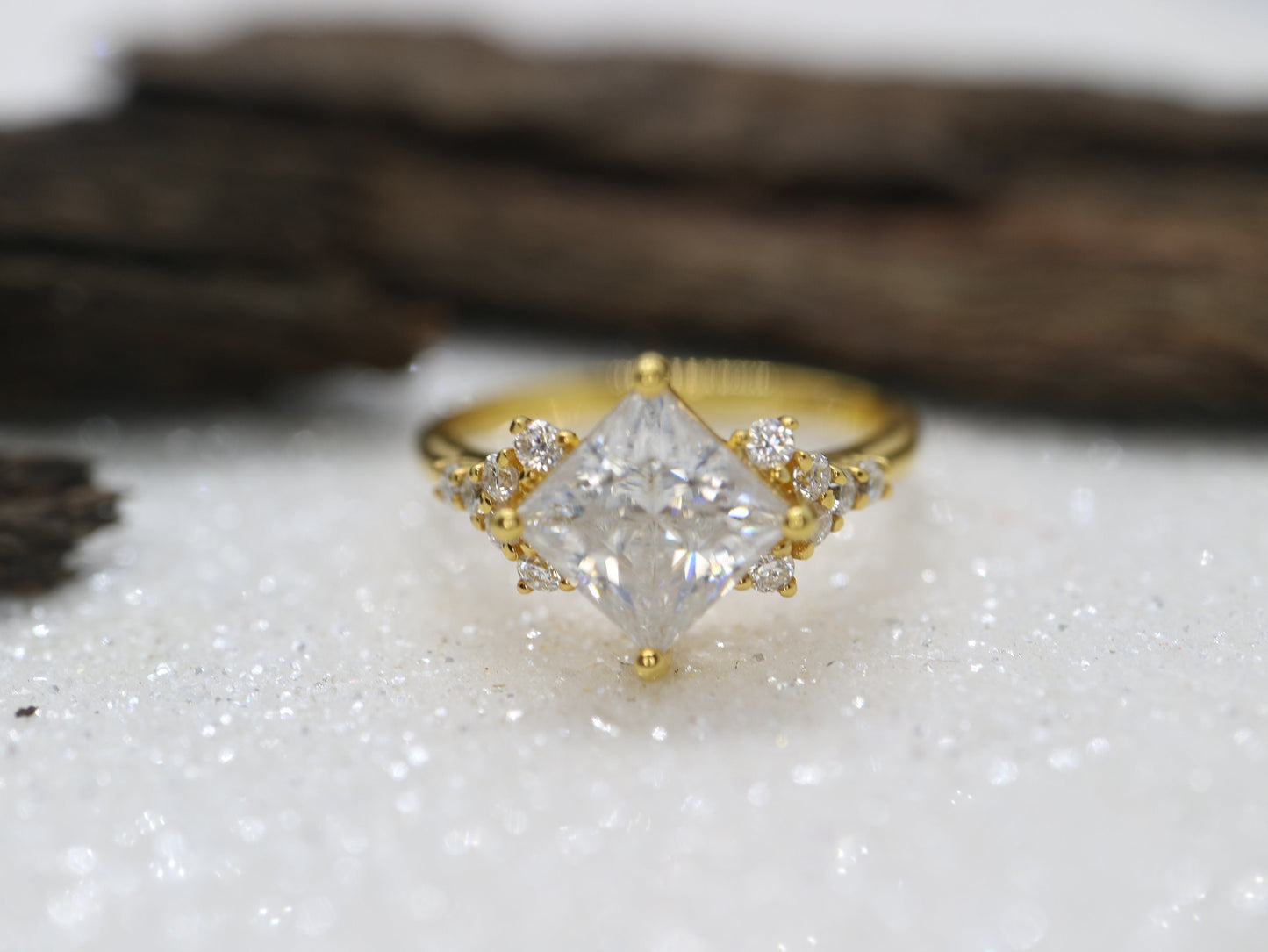 Princess cut moissanite and diamond cluster ring, Cluster diamond ring, Anniversary ring