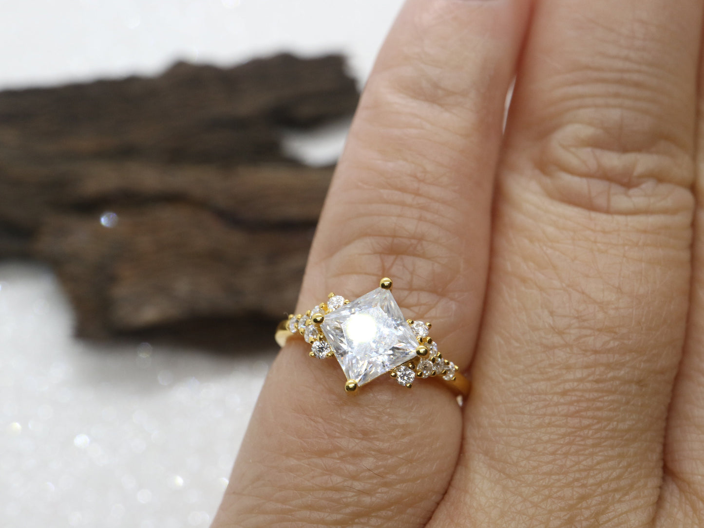 Princess cut moissanite and diamond cluster ring, Cluster diamond ring, Anniversary ring