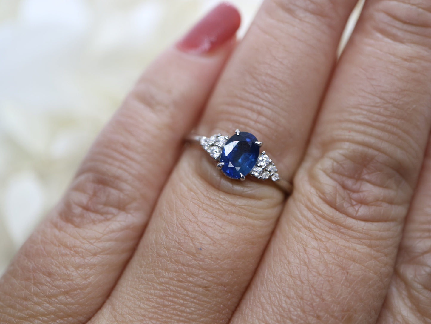 Natural sapphire and diamond ring in 14k white gold ring -Sapphire cluster diamond ring