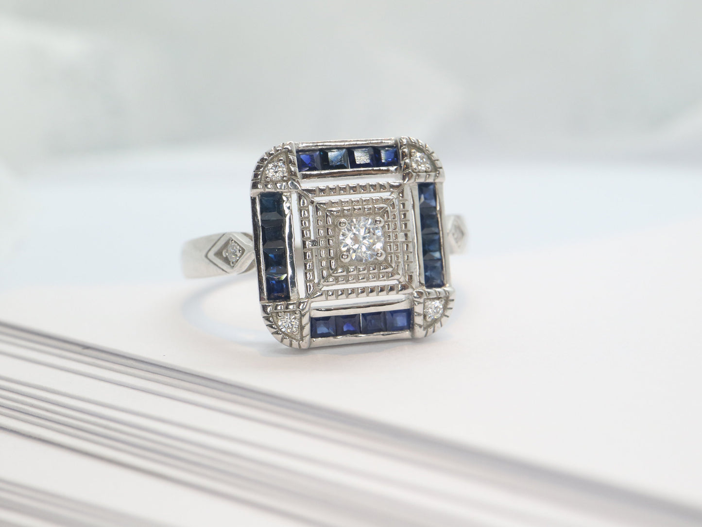 Art Deco sapphire ring in white gold setting with moissnaite in square design-Vintage inspired jewellery, Vintage ring