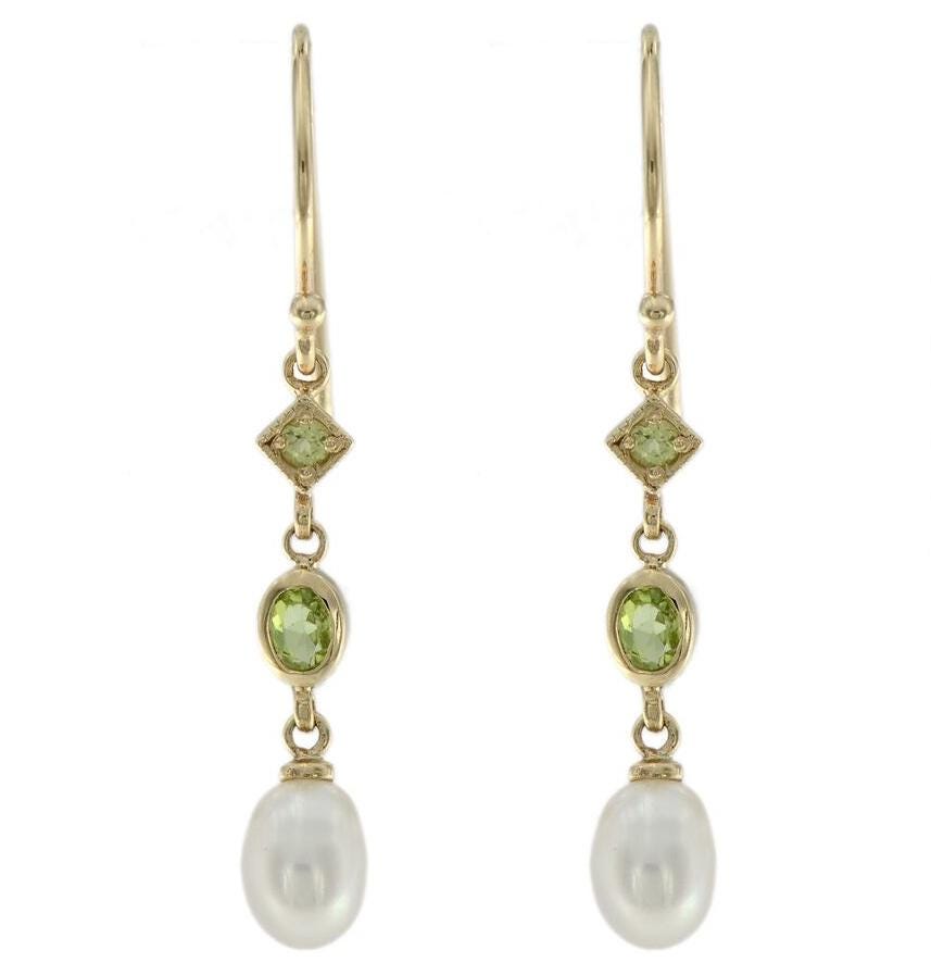 Yellow Gold Gemstone Hook Dangle Earrings with Freshwater Pearl