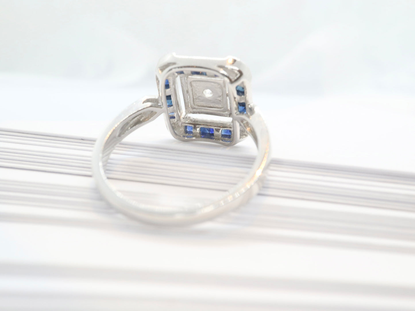 Art Deco sapphire ring in white gold setting with moissnaite in square design-Vintage inspired jewellery, Vintage ring