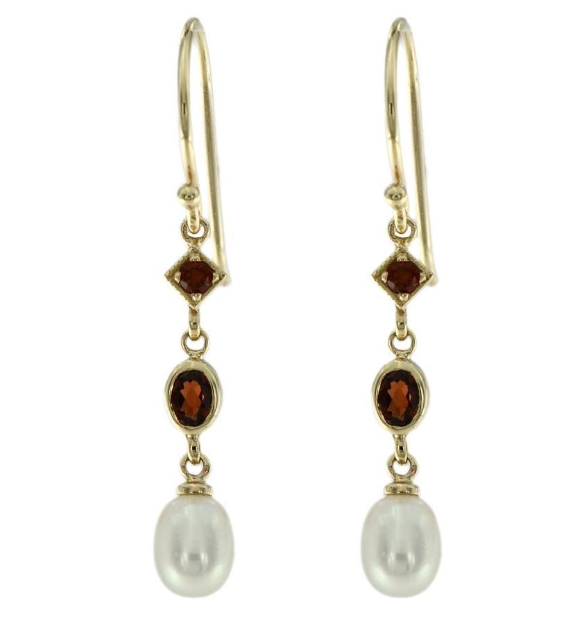 Yellow Gold Gemstone Hook Dangle Earrings with Freshwater Pearl