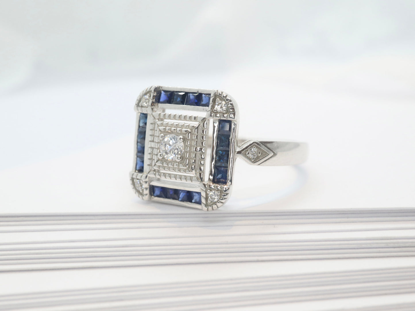 Art Deco sapphire ring in white gold setting with moissnaite in square design-Vintage inspired jewellery, Vintage ring