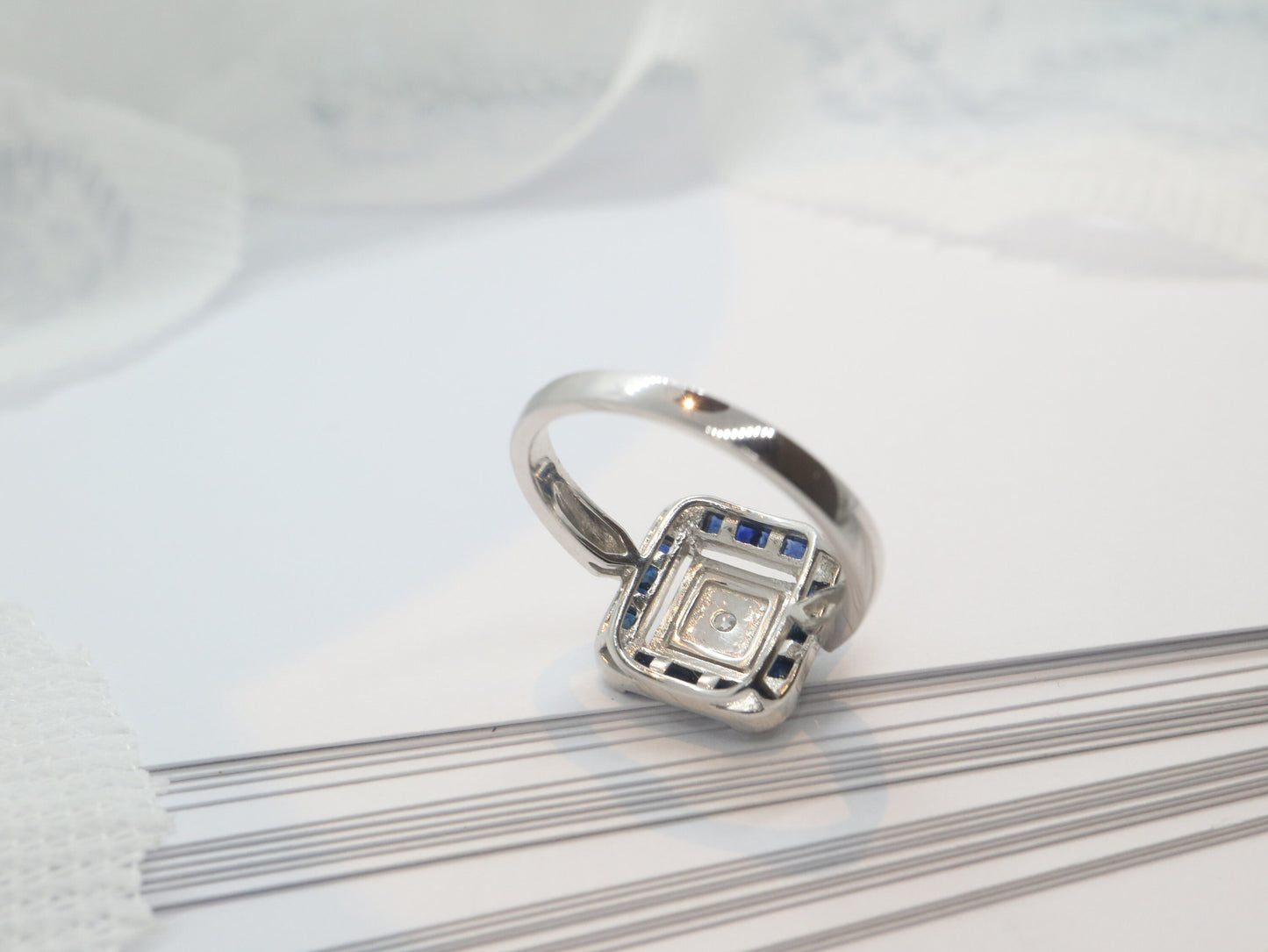 Art Deco sapphire ring in white gold setting with moissnaite in square design-Vintage inspired jewellery, Vintage ring
