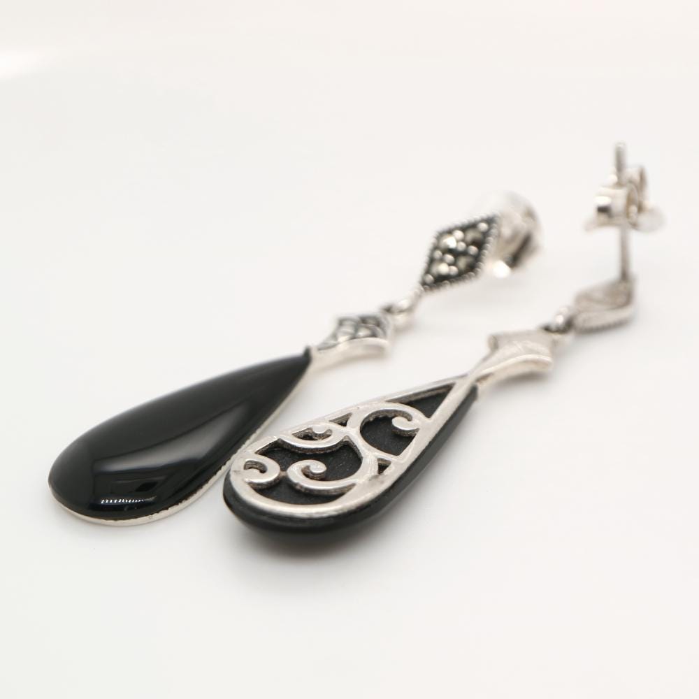 Art Deco Drop Earrings with Black Onyx Drop, Marcasite in Sterling Silver