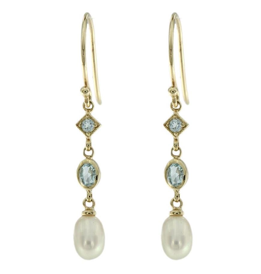 Yellow Gold Gemstone Hook Dangle Earrings with Freshwater Pearl