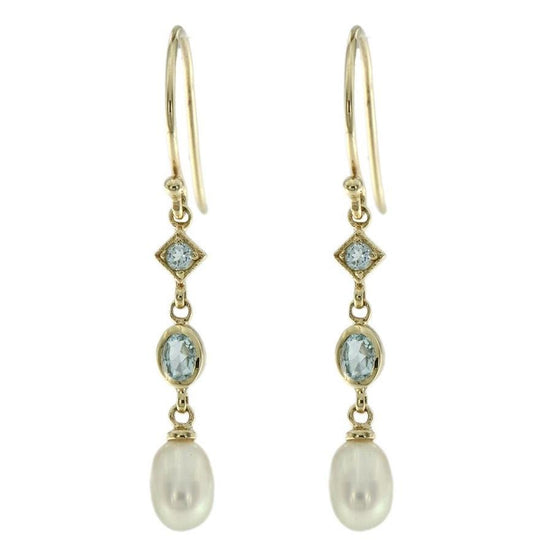 Yellow Gold Gemstone Hook Dangle Earrings with Freshwater Pearl