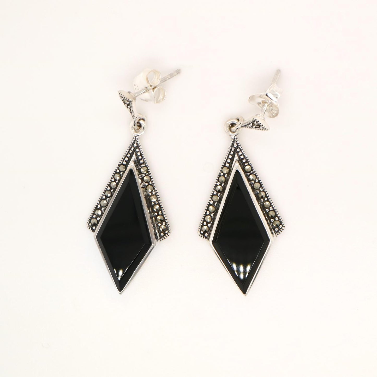 Art Deco Drop Earrings in Black Onyx, Marcasite in Sterling Silver