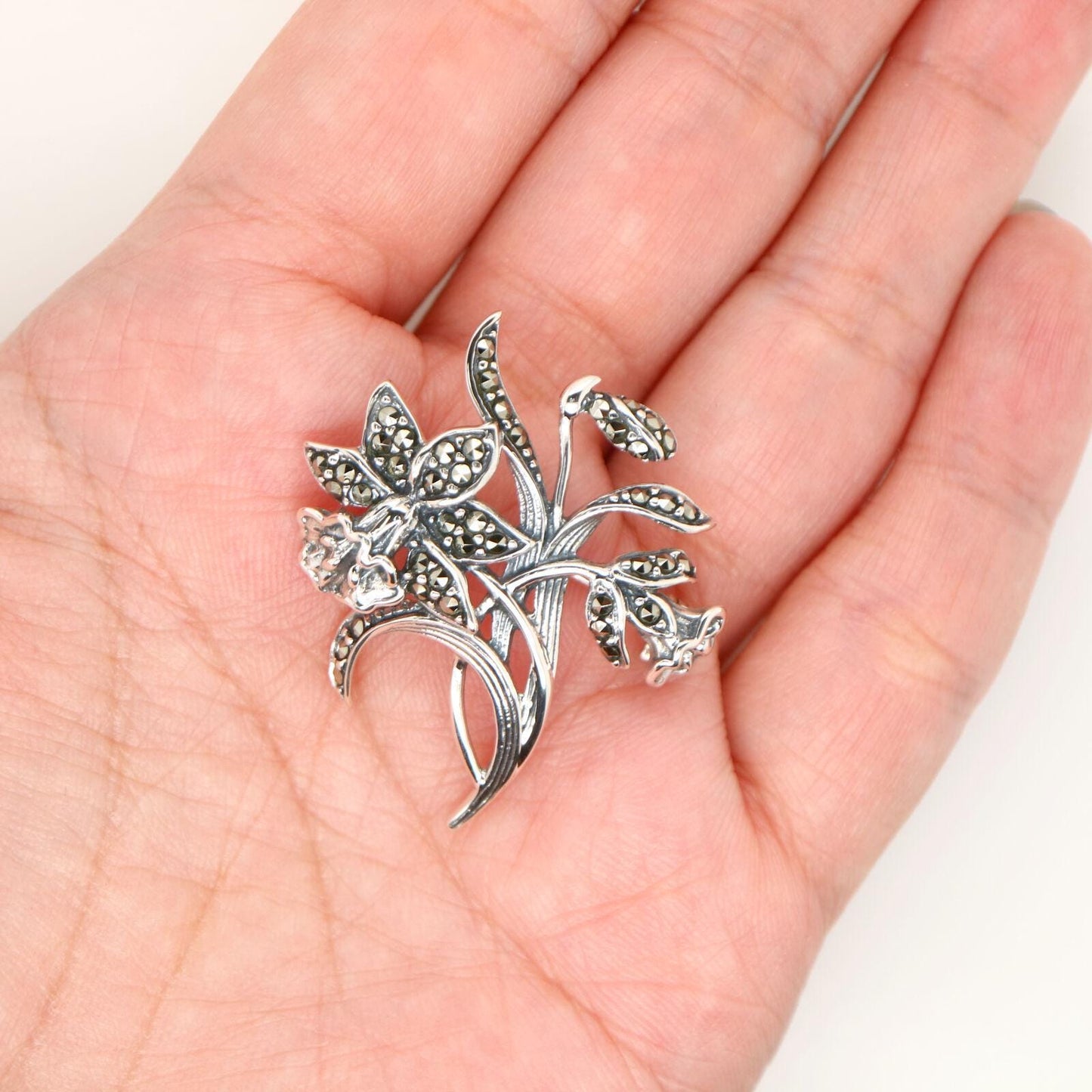Trumpet Flower Brooch with Marcasite in Sterling Silver