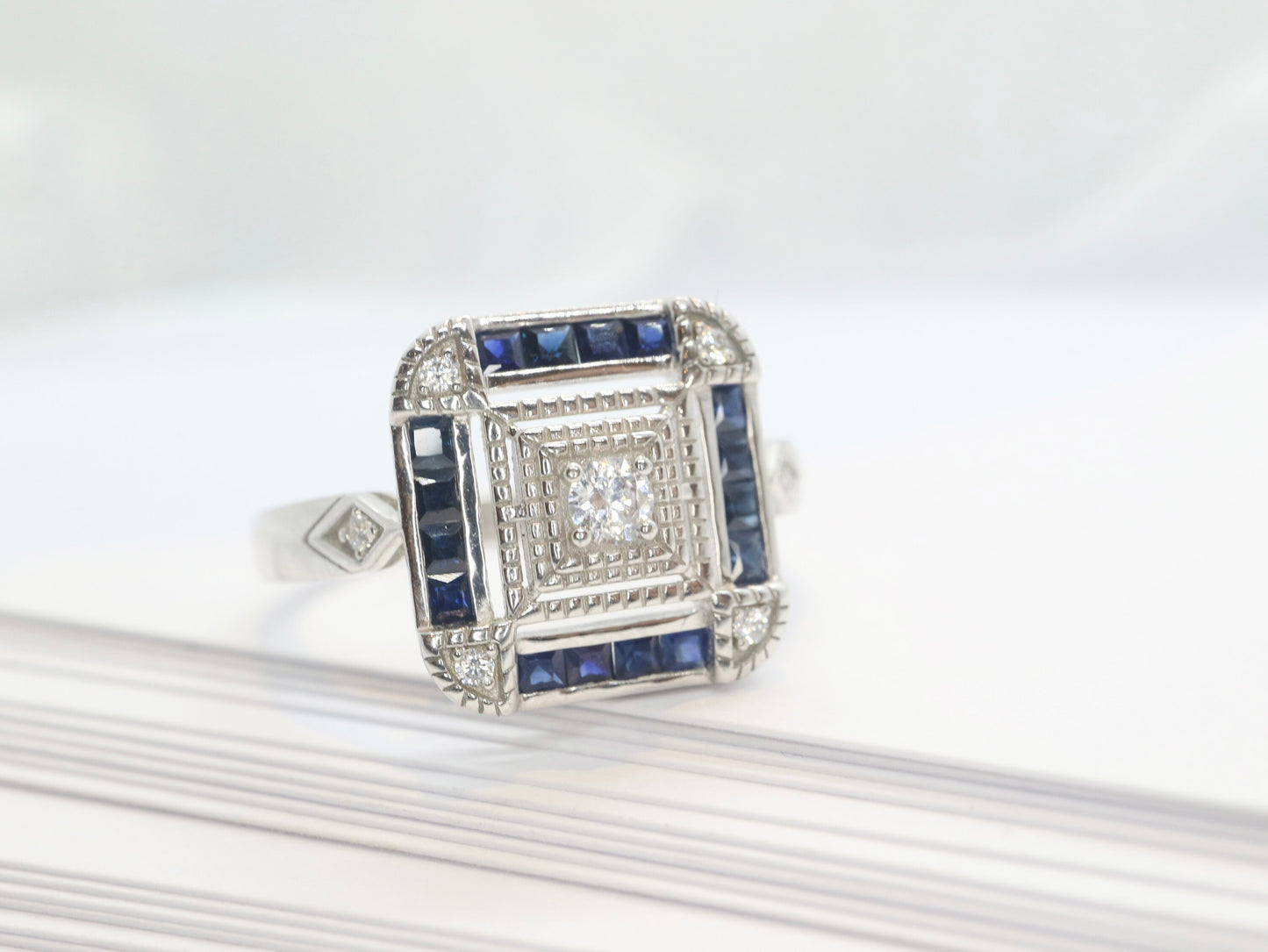 Art Deco sapphire ring in white gold setting with moissnaite in square design-Vintage inspired jewellery, Vintage ring