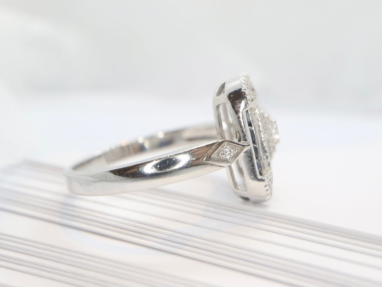Art Deco sapphire ring in white gold setting with moissnaite in square design-Vintage inspired jewellery, Vintage ring
