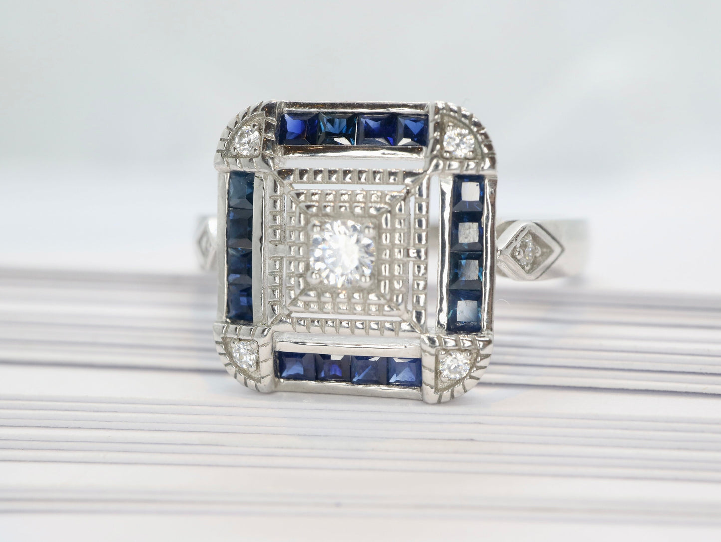 Art Deco sapphire ring in white gold setting with moissnaite in square design-Vintage inspired jewellery, Vintage ring